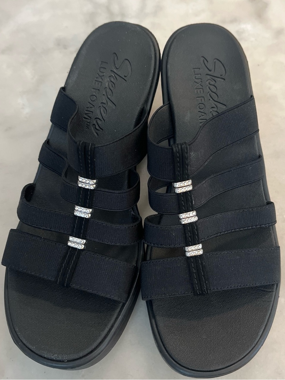 Skechers Black Multi-Strap Slide Sandals with Rhinestone Details